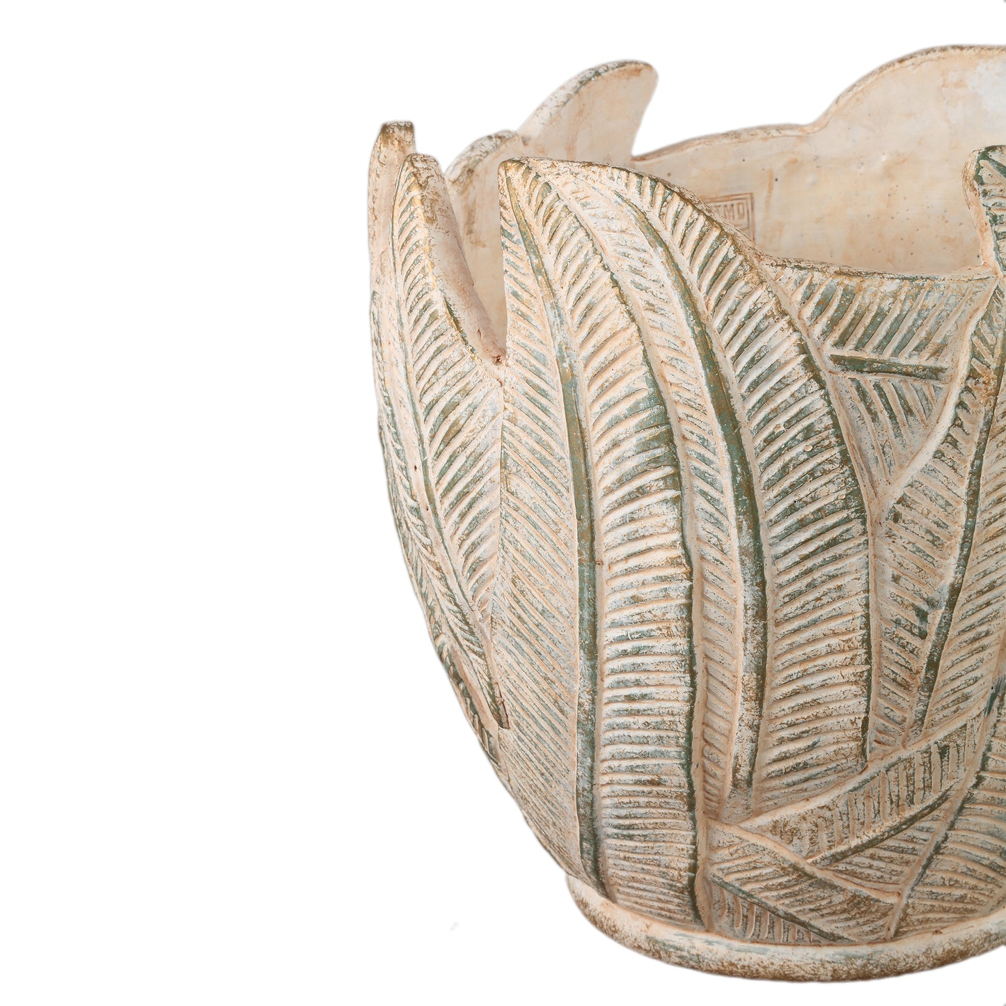 Noami Cream Cement Round Pot W Leaves Pattern L