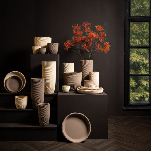 Lianna Beige Cement Round Pot Line Pattern L