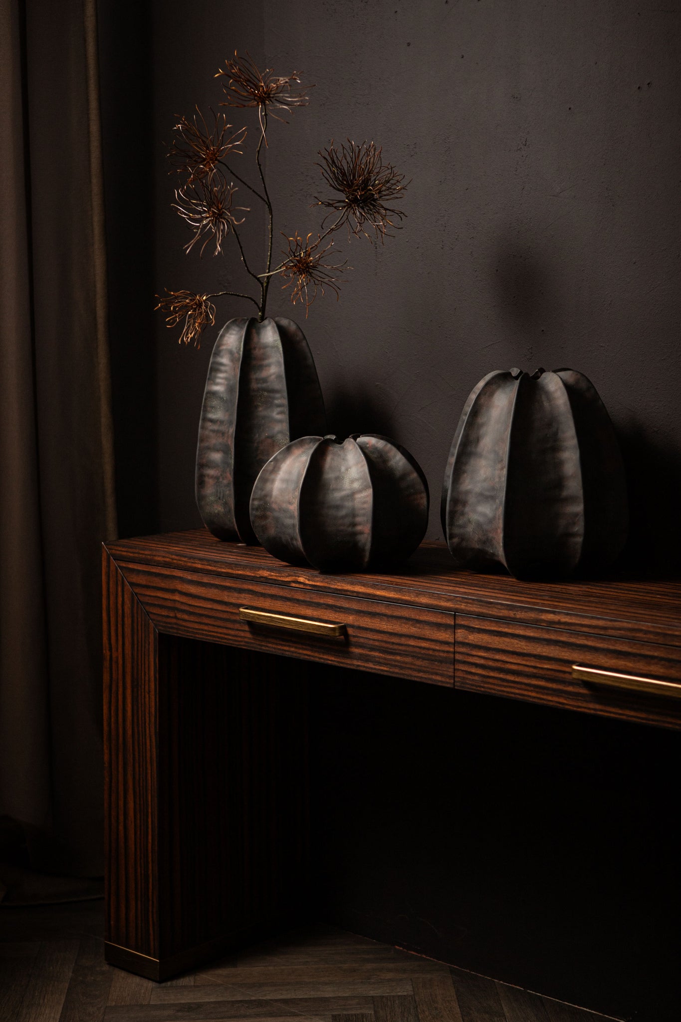 Grayson Black Ceramic Round Ribbed Vase Wide