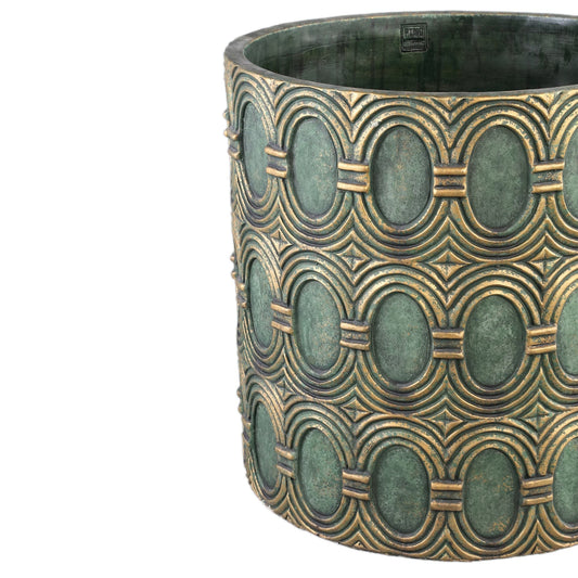 PTMD Kamilla Green cement ronde pot goud art deco groot L