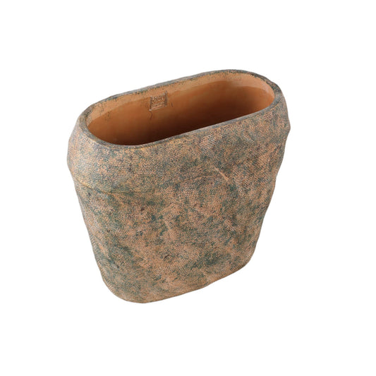 PTMD Lourdes Bruine cementpot jute patroon groen ovaal L